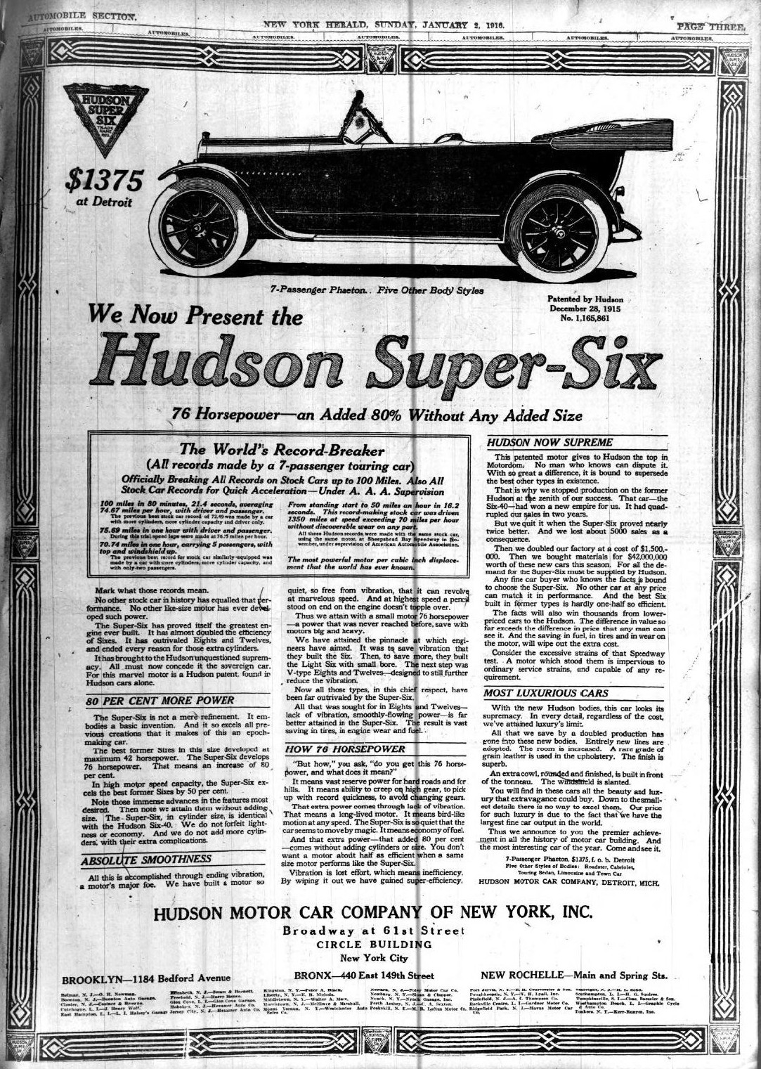 Hudson Motor Car Co. NY 1916 Ad