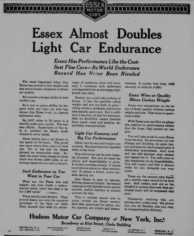 Hudson Motor Car Co. NY 1920 Ad
