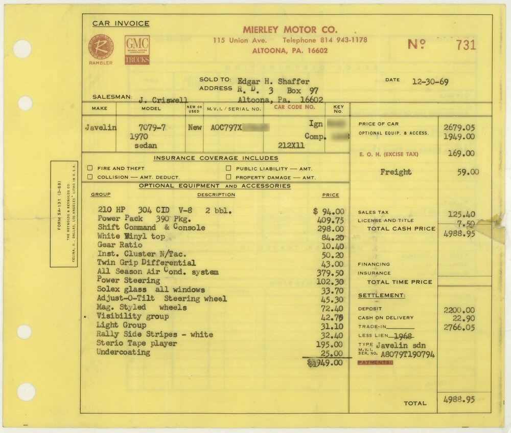 Mierley Motor Co Javelin Invoice